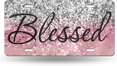 Placa de matrícula delantera cristiana religiosa bendecida con purpurina rosa brillante, placas de matrícula decorativas de aluminio divertidas,