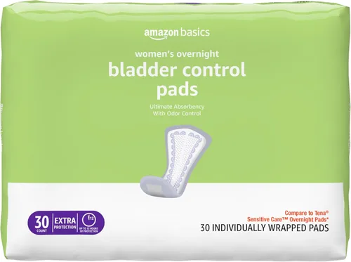 Amazon Basics Almohadillas de incontinencia para mujeres, control de vejiga, posparto, absorción nocturna, sin perfume, 30 unidades