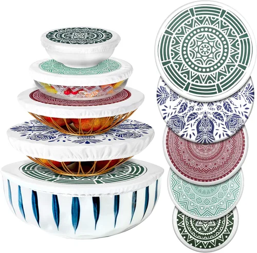 Patelai 10 fundas para tazones reutilizables en 5 tamaños, tela elástica, fundas elásticas para almacenamiento de alimentos, fundas de algodón para