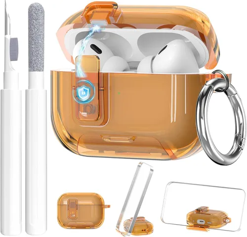 Vista 24 de Compatible con Airpods Pro 3 Funda Transparente con Cerradura Soporte para Teléfono, Funda Protectora de TPU Blanda Magnética con Bloqueo Automático