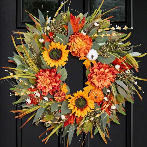 Coronas de otoño para puerta delantera, corona de otoño de 24 pulgadas con calabazas, girasoles y bayas, corona de otoño al aire libre para porche,