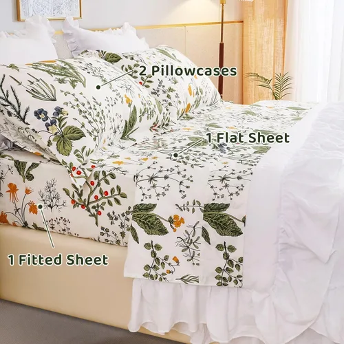 Vista 4 de QSH Sábanas 100% algodón para cama tamaño Queen, patrón de plantas de flores amarillas botánicas de algodón de lujo con estampado floral