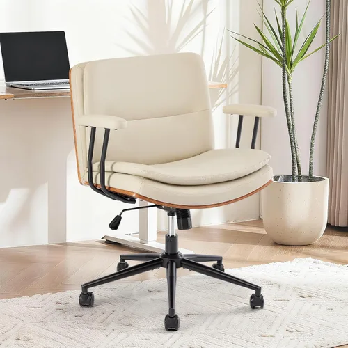 Vista 7 de Armless Modern Walnut Office Desk Chair with Wheels, PU Leather Adjustable Wide Swivel Executive Task Chair, Ergonomic Cross Legged Computer Chair