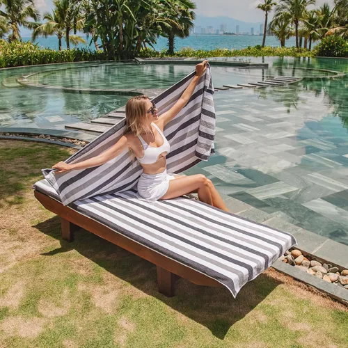 Vista 6 de Arkwright Cabo Funda para Tumbona - Paquete de 2 - Toalla de cabaña de algodón suave a rayas con soporte para bolsillo para silla de playa/piscina