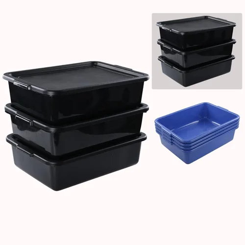 Paquete de 3 cajas de plástico con tapa, tinas de autobús comerciales, 13 L, color negro