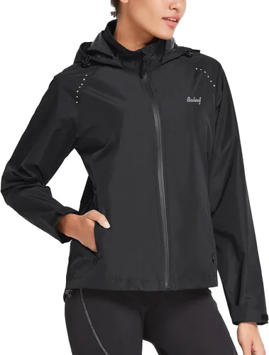 Vista 2 de BALEAF Chaquetas impermeables para mujer, cortavientos resistentes al viento, para correr, ligeras, reflectantes, plegables, con capucha