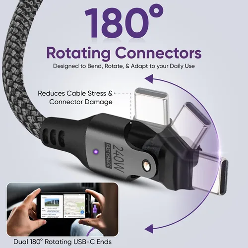 Vista 2 de Cable USB C a C de 3.3 ft, color negro, rotación 180, 240 W, PD, carga rápida, transferencia de datos de 480 Mbps, cable de carga tipo C con chip