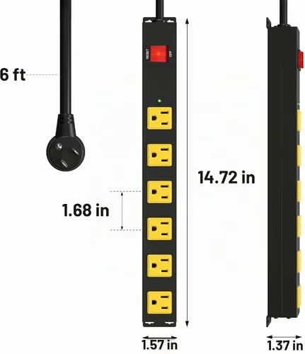 Vista 6 de Regleta de alimentación larga de metal resistente de 6 tomas con disyuntor, cable de extensión, certificación ETL, soporte de pared para garaje