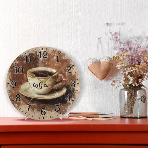 Vista 3 de JUNZAN Retro Coffee Cups Brown Round Bathroom Clocks Wallclock 10 Inch Light Outdoor Wall Clocks for Cafe Classroom Office Decorations