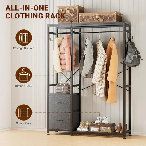 Vista 2 de Lulive - Perchero de ropa, estante resistente para colgar ropa, estantes industriales para ropa con 2 cajones de tela, 4 ganchos, 2 varillas