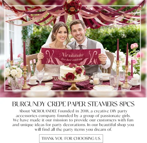 Vista 9 de NICROLANDEE 8 Rollos de Serpentinas de Papel Crepé Color Burdeos y Oro Rosa para Cumpleaños, Bodas, Compromisos, Despedida de Soltera, Despedida