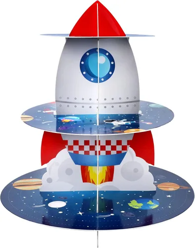 Soporte para magdalenas espaciales, diseño de cohete para cumpleaños, 3 niveles, soporte de cartón para cupcakes, torre de postre estilo galaxia