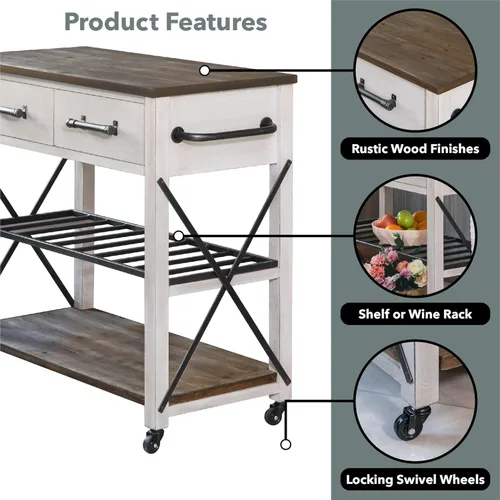 Vista 7 de FirsTime & Co. Carrito de cocina Aurora blanco y marrón, barra de café y soporte para microondas, isla sobre ruedas con almacenamiento, madera