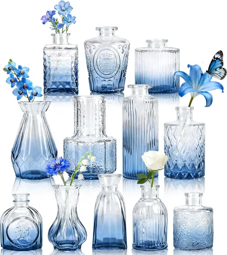 Vista 15 de Der Rose Juego de 12 jarrones de vidrio ámbar, pequeños jarrones para flores, centros de mesa rústicos de boda y decoración del hogar