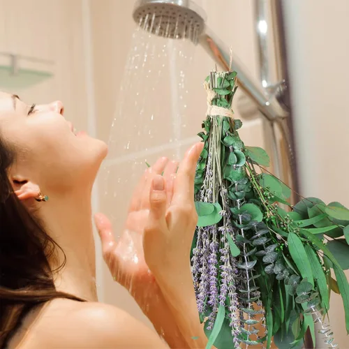 Vista 3 de 100 paquetes de flores secas de eucalipto y lavanda para ducha, 17 pulgadas, tallo de hojas de eucalipto de dólar plateado naturales, plantas