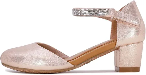 Vista 2 de NINE WEST Zapatos de vestir de tacón bajo de dos piezas para niñas y niñas con correa de tobillo
