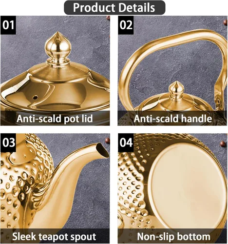 Vista 6 de Tetera para estufa, hervidor de té de acero inoxidable de grado alimenticio, tetera de metal de 2.1 cuartos de galón con colador para té fácil, Oro