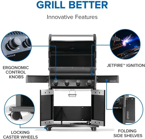 Vista 6 de Napoleon Rogue 525 Parrilla de Gas Natural, Negra, Rejillas de Acero Inoxidable, Barbacoa Resistente de 4 Mecheros