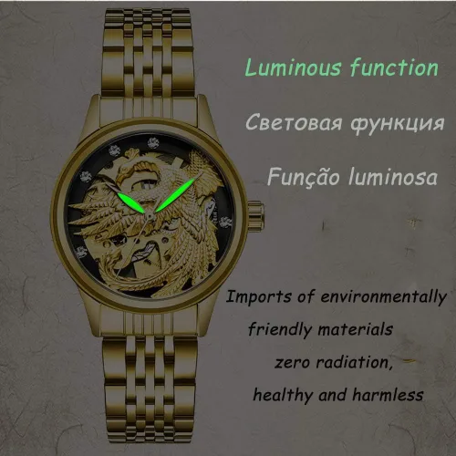 Vista 6 de carlien Reloj de vestir automático de acero inoxidable con cristal de dragón fénix para pareja