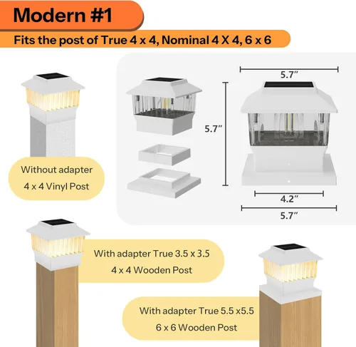 Vista 2 de Luces solares modernas para tapa de poste #1 (se adapta al poste de 4 x 4, nominal 4 x 4 y 6 x 6), 50 lúmenes con tres opciones de temperatura