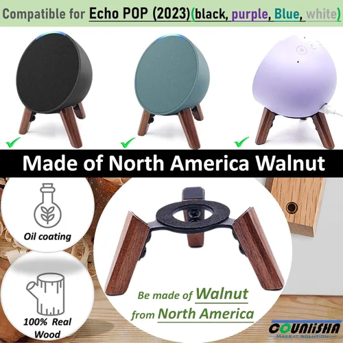 Vista 4 de Soporte de madera real para altavoz Echo Pop, soporte para accesorios de trípode, nogal