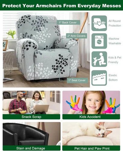Vista 6 de CRFATOP Funda elástica para sillón reclinable, 4 piezas, fundas impresas para silla reclinable de 1 asiento, colección Fallon, protector de muebles