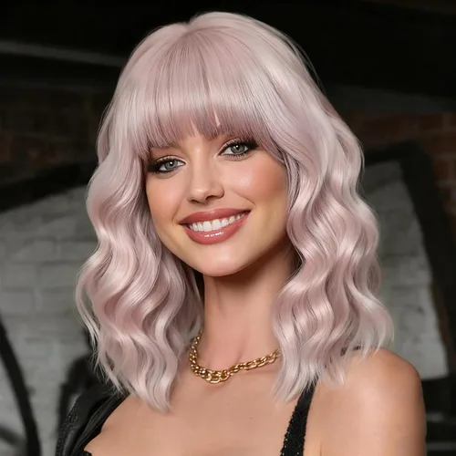 Vista 43 de Nnzes Pelucas onduladas negras con flequillo para mujer, peluca corta negra Bob sintética de aspecto natural resistente al calor fibra pelo