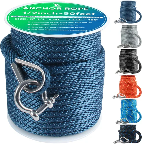 Vista 18 de Cuerda de anclaje prémium de 100 pies x 3/4 pulgadas, cuerda de anclaje MFP maciza con dedal y grillete, verde neón/azul