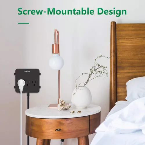 Vista 6 de Regleta de alimentación con USB - Regleta de alimentación de pared con 4 puertos USB y 3 tomas de corriente con interruptor de encendido/apagado