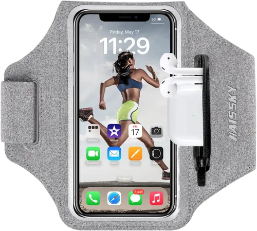 Vista 12 de Brazalete para teléfono celular con bolsillo con cremallera para Airpods para iPhone 16/15/14/13/12/11Pro Max, Galaxy S20 S10, banda de brazo