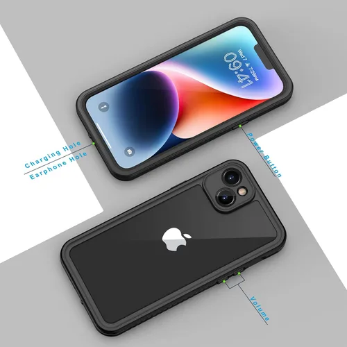 Vista 6 de Lanhiem Funda para iPhone 14, impermeable IP68 a prueba de polvo con protector de pantalla integrado, resistente a prueba de golpes de cuerpo Negro