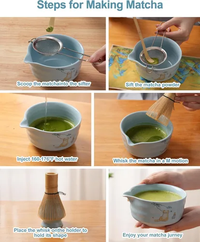 Vista 7 de Juego de batidor matcha, juego de kit matcha japonés de 7 piezas con cuenco matcha (chawan), batidor matcha y soporte, cuchara de bambú