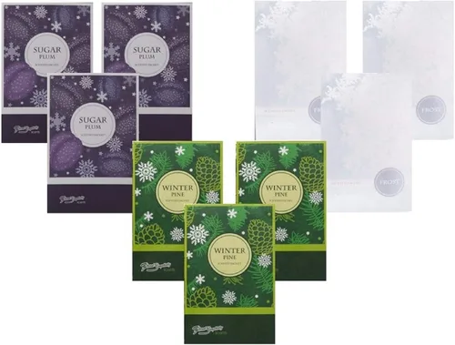 Simplicity Scents Sachets Winter Wonderland - Paquete de 3 pinos de invierno, 3 heladas, 3 ciruelas de azúcar, paquete de 9 unidades, fragancia