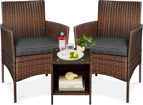 Vista 13 de Best Choice Products - Juego de 3 piezas de muebles de mimbre para conversación de patio, ahorrador de espacio, para jardín, con mesa auxiliar