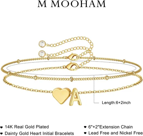 Vista 8 de M MOOHAM Pulseras de oro con inicial de corazón para mujer, pulseras con dije de letra A-Z de corazón dorado en capas para mujer, pulseras