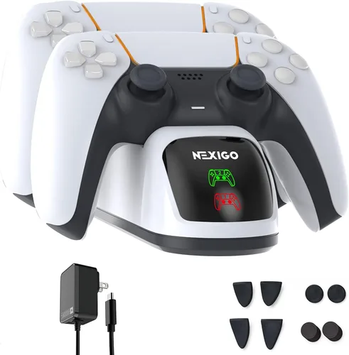 NexiGo Estación de carga PS5 DualSense, adaptador de CA de carga rápida con empuñaduras de pulgar y extensores de gatillo, cargador de controlador