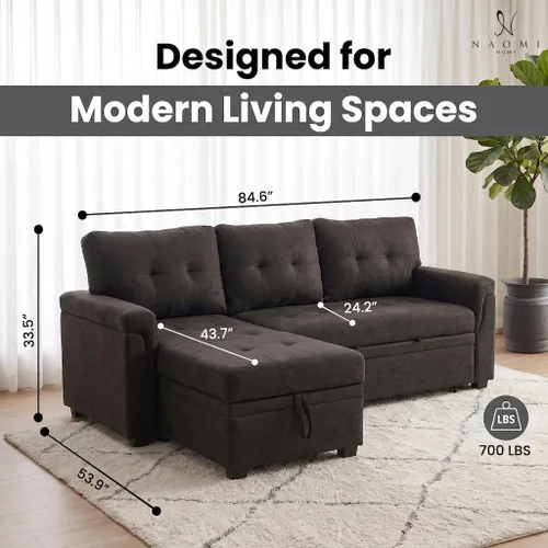 Vista 2 de Naomi Home - Sofá seccional en forma de L con almacenamiento y cama extraíble – Sofá cama convertible 3 en 1, sofá pequeño en forma de L para sala