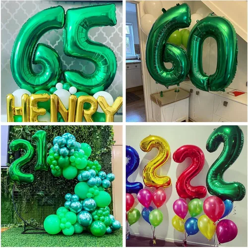 Vista 6 de Globos de color verde oscuro con el número 10 de 40 pulgadas, globos de helio de papel de aluminio de 10 pulgadas para decoración de eventos de 10º