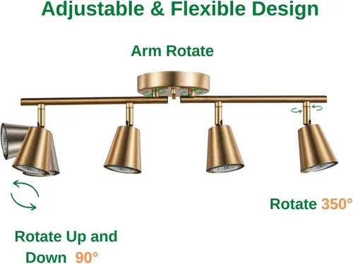 Vista 4 de Kit de iluminación de riel de 4 luces, acabado de latón mate ajustable con foco de techo moden empotrado para cocina, sala de estar, mejoras