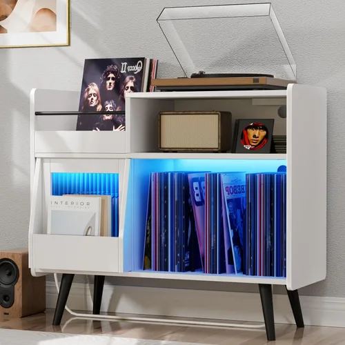Vista 10 de Soporte grande para tocadiscos con puerta corredera, gabinete de almacenamiento para 350 discos de vinilo, mesa para tocadiscos con toma
