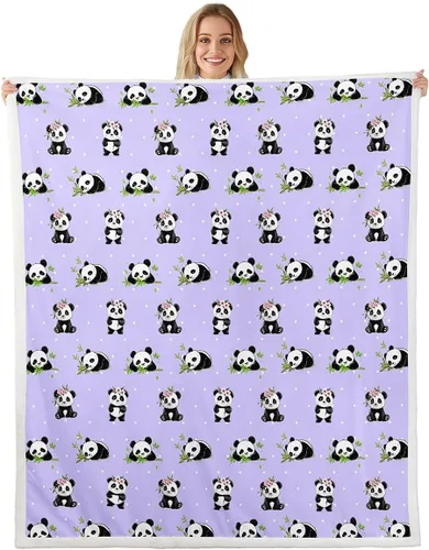 Vista 22 de Manfei Manta Kawaii con estampado de panda, manta de vellón con estampado de panda, manta con temática de animales de dibujos animados para cama