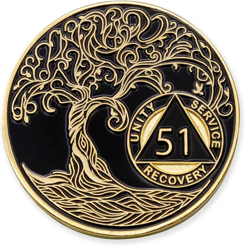 Vista 26 de 1 año Sobriety Mint Twisted Tree of Life Medallón de recuperación AA chapado en oro, chip/ficha - negro