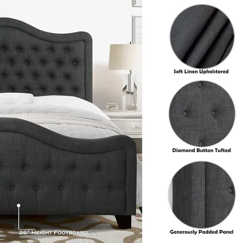 Vista 39 de Rosevera Turin Linen - Cama tapizada con paneles y cabecero capitonado con botones ajustables para dormitorio, tamaño Queen, color gris