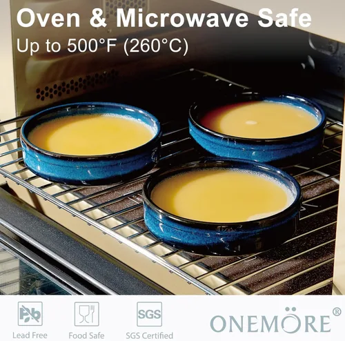Vista 2 de ONEMORE Ramequines de 4 oz aptos para horno, ramequines de cerámica para crème brûlée, natillas, pudín, soufflé, platos ramequín azules poco