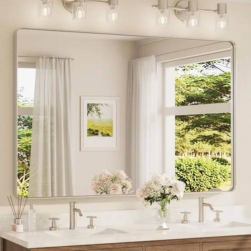 Vista 25 de TETOTE Espejo de marco dorado cepillado de 16 x 24 pulgadas, espejo de tocador de baño de latón dorado para pared, espejo enmarcado rectangular