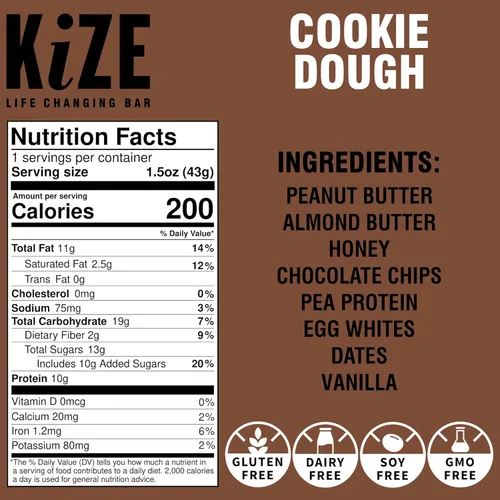 Vista 2 de KiZE Barras, 4 unidades, sabor a masa de galletas, alto en proteínas, sin lácteos, sin gluten, sin OMG, barras de comida sin soja