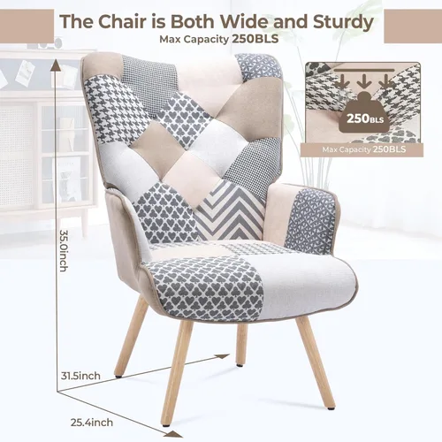 Vista 9 de Bafode PU Leather Accent Chair — Tufted Wingback Armchair, High-Back Comfortable Single Seat for Living Room, Bedroom, Office & Reading Nook, Brown