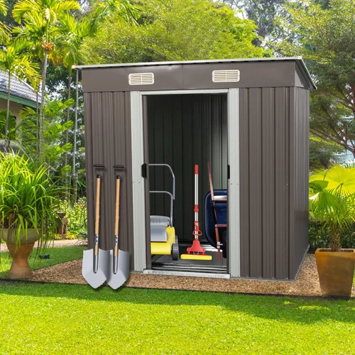 Vista 21 de Cobertizo de almacenamiento para exteriores de 6 x 4.5 pies con base de metal y puertas corredizas, cobertizo de almacenamiento de herramientas