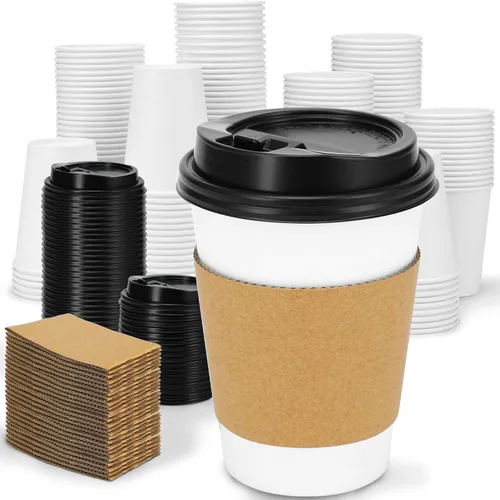 Vista 10 de Clawsoff Paquete de 100 tazas de café de papel desechables de 12 onzas con tapas y mangas, vasos de papel aislados desechables sin fugas para Negro