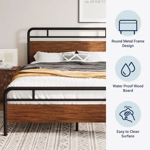 Vista 5 de Allewie Base de cama de plataforma de tamaño matrimonial con cabecera y estribo de madera, soporte de 13 listones de metal resistente